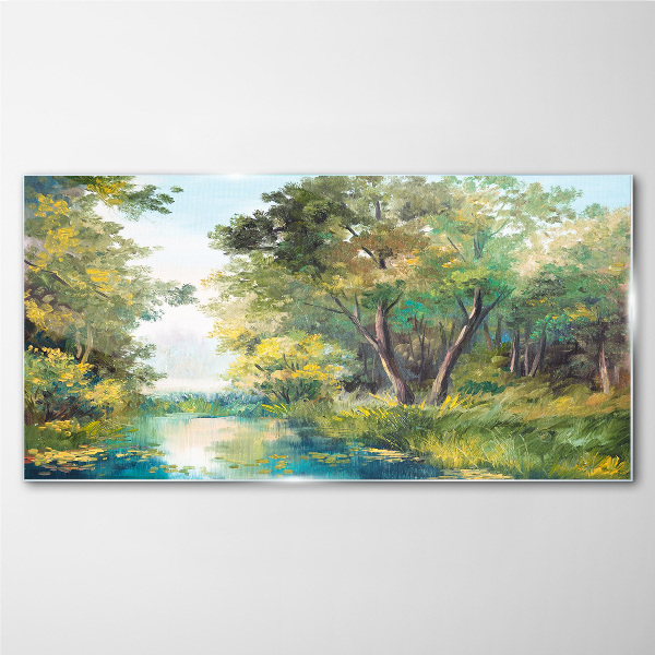 A peaceful forest landscape by the water Glass Wall Art
