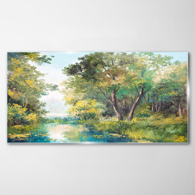 A peaceful forest landscape by the water Glass Wall Art