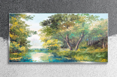 A peaceful forest landscape by the water Glass Wall Art