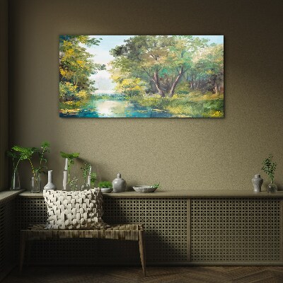 A peaceful forest landscape by the water Glass Wall Art