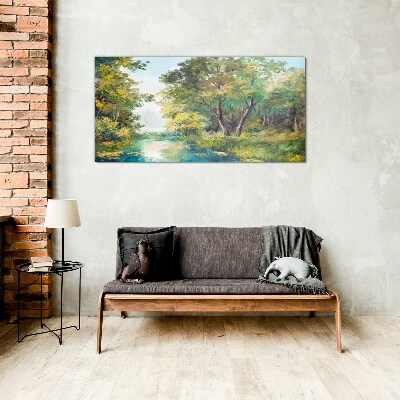 A peaceful forest landscape by the water Glass Wall Art