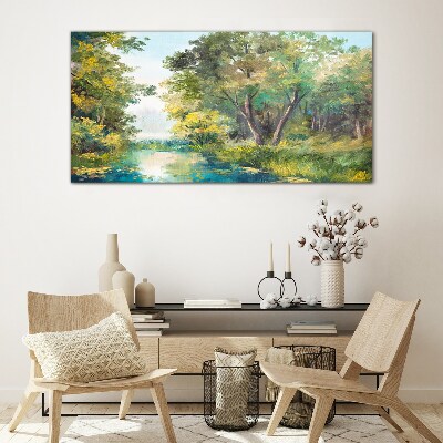 A peaceful forest landscape by the water Glass Wall Art