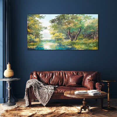 A peaceful forest landscape by the water Glass Wall Art