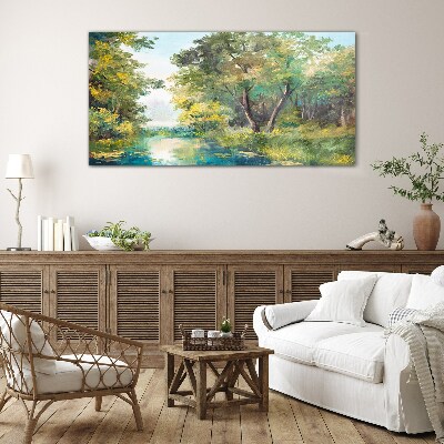 A peaceful forest landscape by the water Glass Wall Art