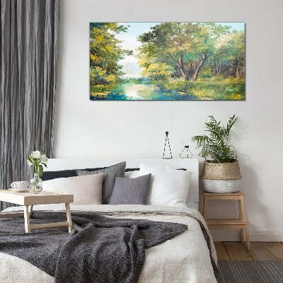 A peaceful forest landscape by the water Glass Wall Art