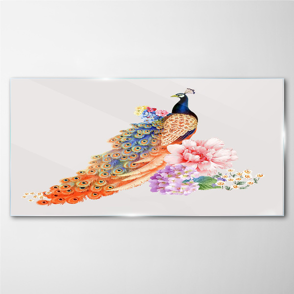 Peacocks among flowers Glass Wall Art