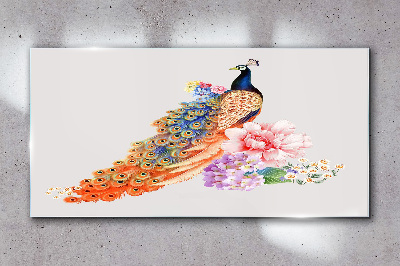 Peacocks among flowers Glass Wall Art