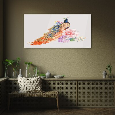 Peacocks among flowers Glass Wall Art