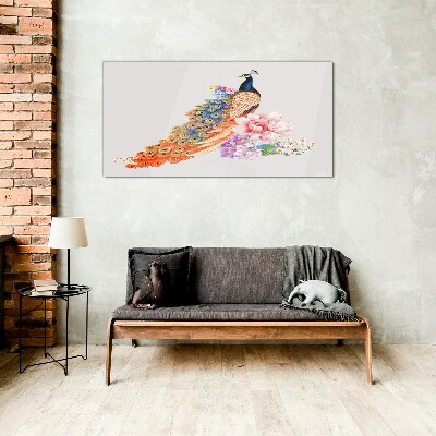 Peacocks among flowers Glass Wall Art