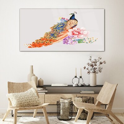 Peacocks among flowers Glass Wall Art