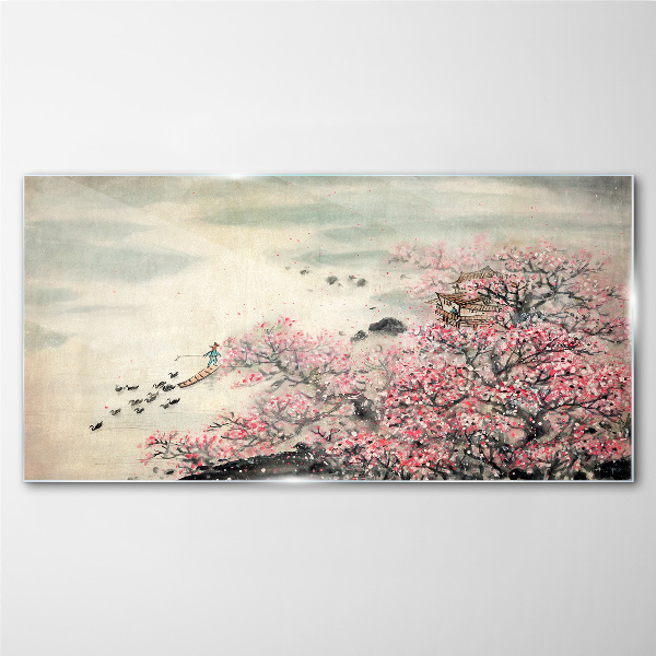 Spring landscape with blooming trees Glass Wall Art