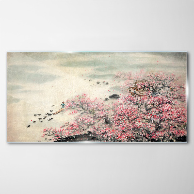 Spring landscape with blooming trees Glass Wall Art