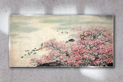 Spring landscape with blooming trees Glass Wall Art