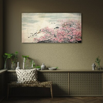 Spring landscape with blooming trees Glass Wall Art