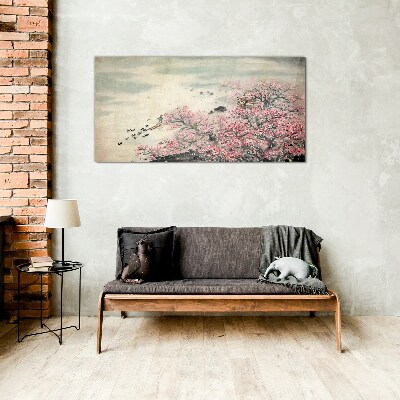 Spring landscape with blooming trees Glass Wall Art