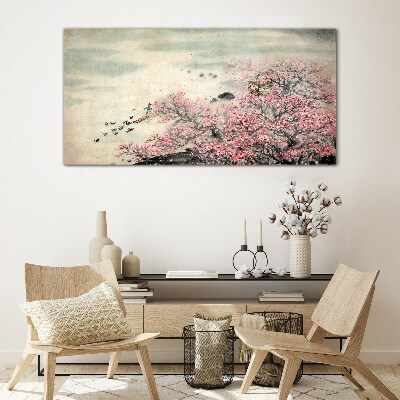 Spring landscape with blooming trees Glass Wall Art