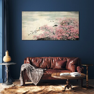 Spring landscape with blooming trees Glass Wall Art