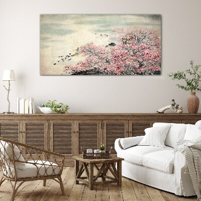 Spring landscape with blooming trees Glass Wall Art