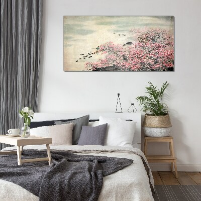 Spring landscape with blooming trees Glass Wall Art