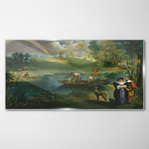 A scene by the water with fishermen Glass Wall Art