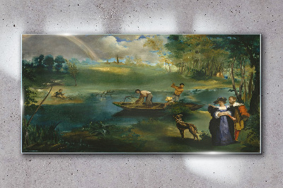 A scene by the water with fishermen Glass Wall Art