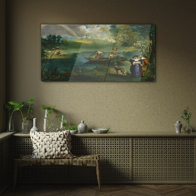 A scene by the water with fishermen Glass Wall Art