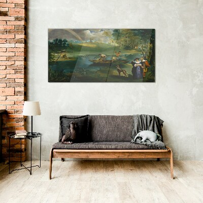 A scene by the water with fishermen Glass Wall Art