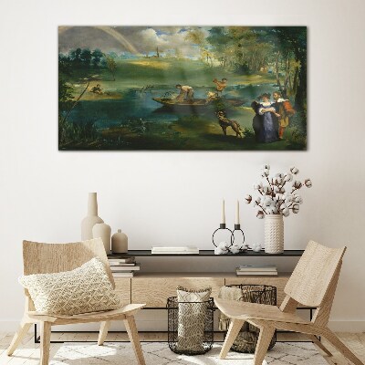 A scene by the water with fishermen Glass Wall Art