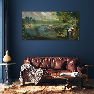 A scene by the water with fishermen Glass Wall Art