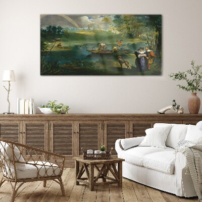 A scene by the water with fishermen Glass Wall Art