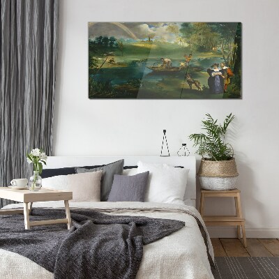 A scene by the water with fishermen Glass Wall Art