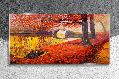 Golden autumn on the river Glass Wall Art