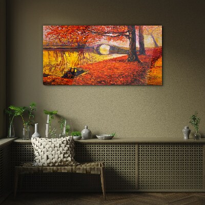 Golden autumn on the river Glass Wall Art