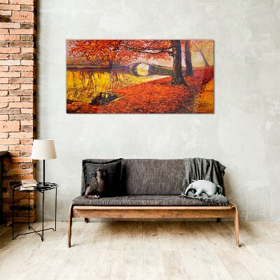 Golden autumn on the river Glass Wall Art