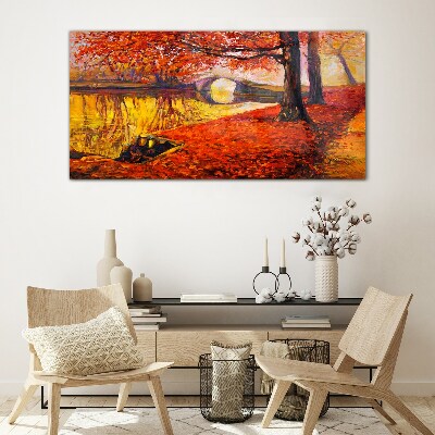 Golden autumn on the river Glass Wall Art