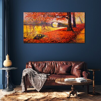 Golden autumn on the river Glass Wall Art