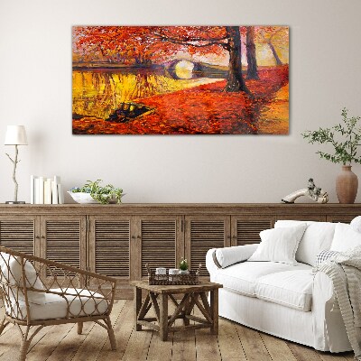 Golden autumn on the river Glass Wall Art