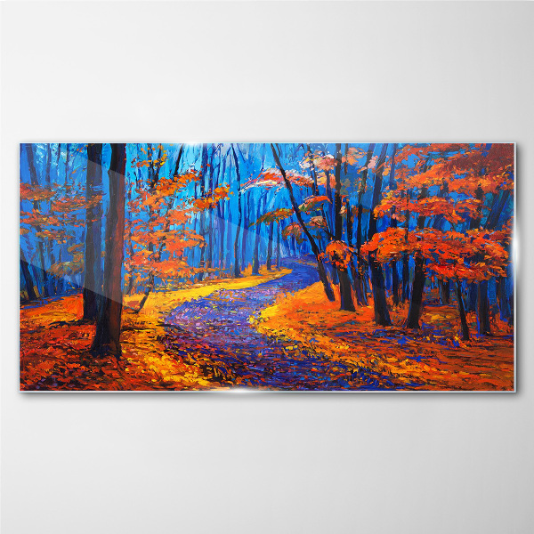 Autumn avenue in the colors of the sunset Glass Wall Art