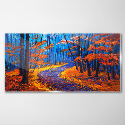 Autumn avenue in the colors of the sunset Glass Wall Art