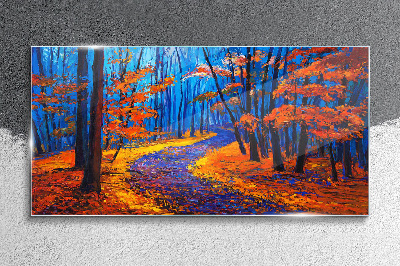 Autumn avenue in the colors of the sunset Glass Wall Art