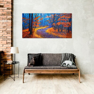 Autumn avenue in the colors of the sunset Glass Wall Art