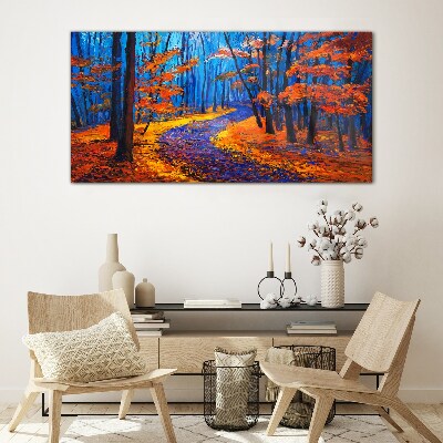 Autumn avenue in the colors of the sunset Glass Wall Art