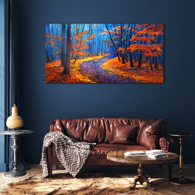 Autumn avenue in the colors of the sunset Glass Wall Art