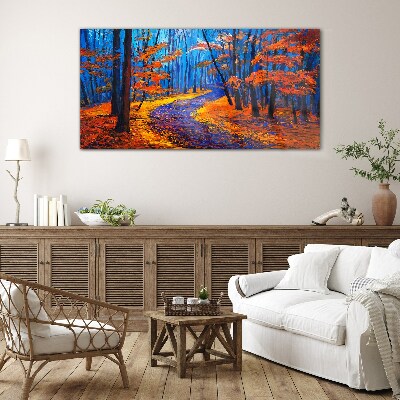 Autumn avenue in the colors of the sunset Glass Wall Art