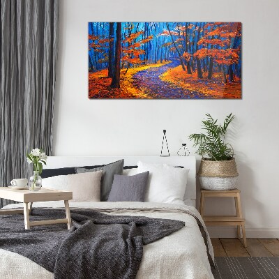 Autumn avenue in the colors of the sunset Glass Wall Art