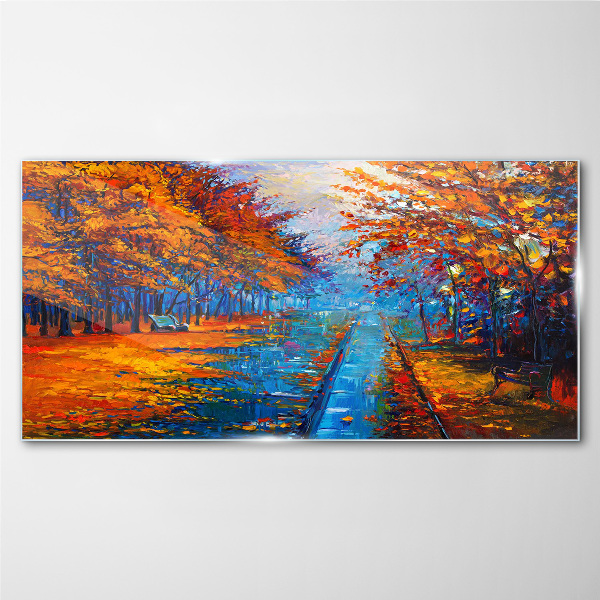 Golden autumn over the calm water Glass Wall Art