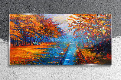 Golden autumn over the calm water Glass Wall Art