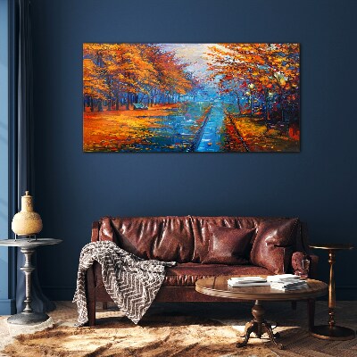 Golden autumn over the calm water Glass Wall Art