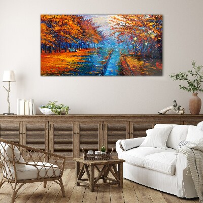 Golden autumn over the calm water Glass Wall Art