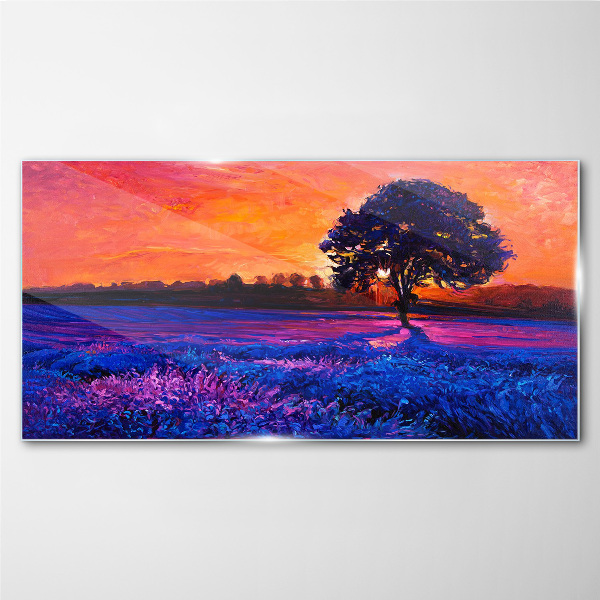 Sunset over a purple field Glass Wall Art